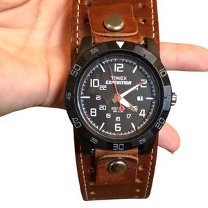 Vintage 2000s Timex Expedition Indiglo with Brown Leather Strap Cuff Watch